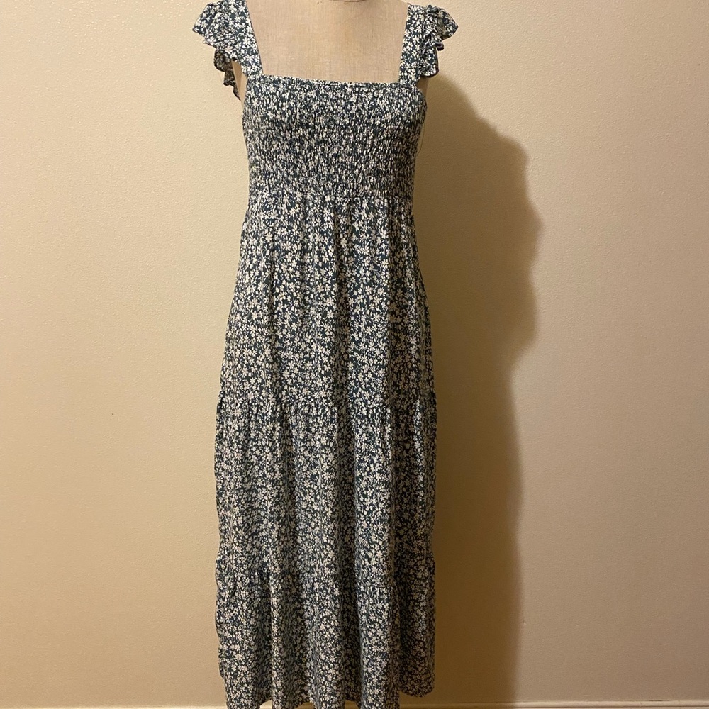 Smocked Square-Neck Floral Sun Dress - Olive Green